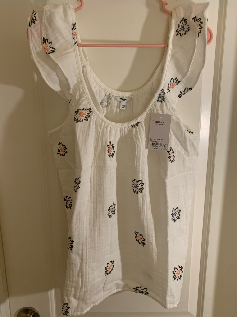 Sonoma- White Gauze Ruffle Strap Top w/ Fun Print!